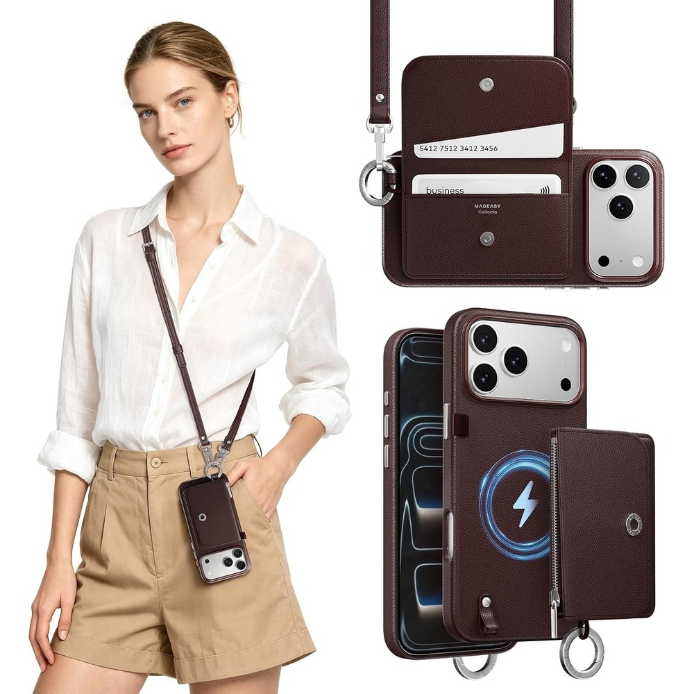 MAGEASY Pouch M MagSafe iPhone 17 Pro Max Case Burgundy Crossbody Wallet Strap